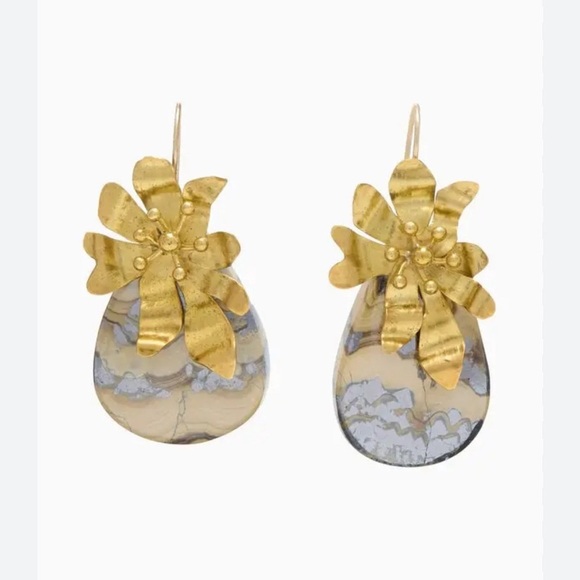 Ulla Johnson Floret Stone Drop Earring New in Box Tan and Dark Brown